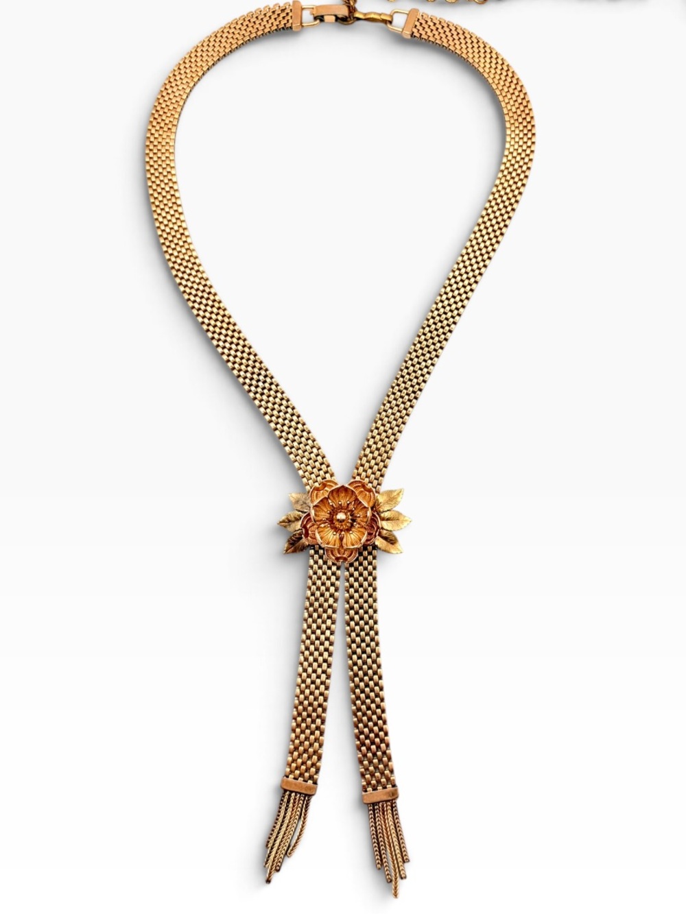 Vintage 40s 50s Krementz Diana Rose Mesh Slide Lariat Necklace 14k Gold overlay